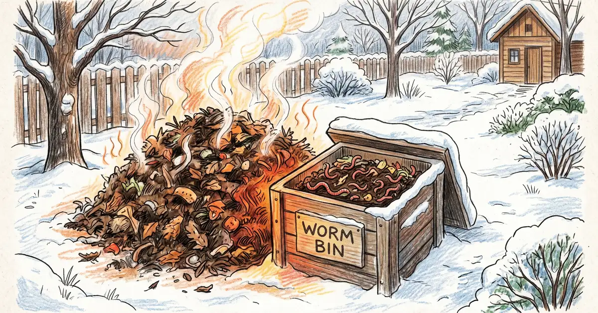 Pencil crayon illustration of a worm composting bin placed next to a steaming hot compost pile in winter with snow on the ground