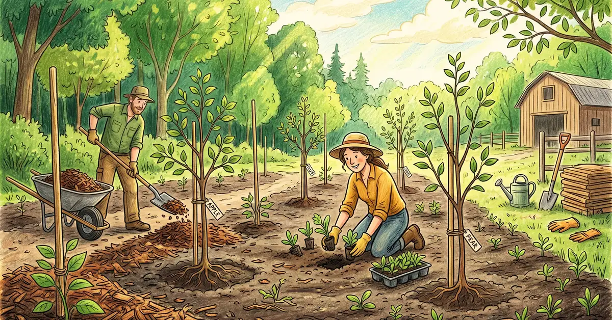 A year 1 food forest planting day with newly staked fruit tree saplings, comfrey going in, and wood chip mulch