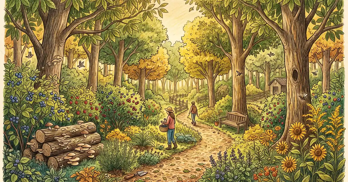 A year 15 mature US food forest with full canopy of hazelnut and chestnut trees and shade-loving understory
