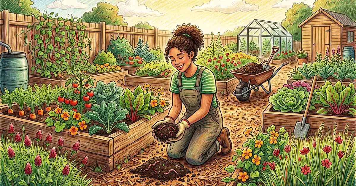 Young Gen Z gardener kneeling in a regenerative backyard garden holding dark crumbly soil teeming with earthworms
