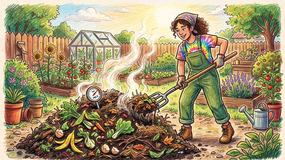 A Gen Z gardener turning a hot compost pile with a pitchfork, steam rising, thermometer showing 140 degrees F