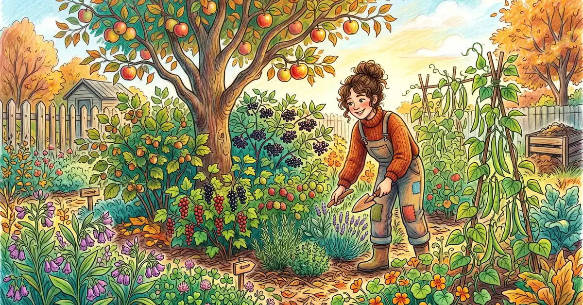 Young Gen Z gardener standing in a layered permaculture food forest guild with apple tree, hazelnut, elderberry, currants, herbs, comfrey, clover, and climbing beans