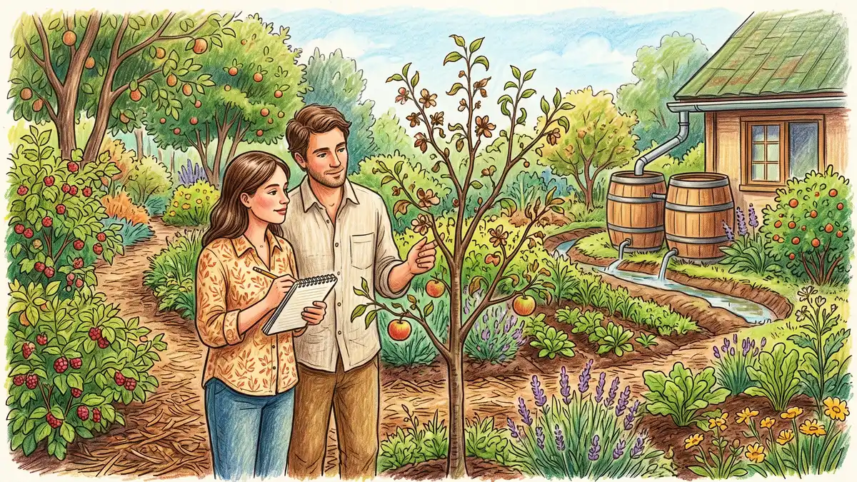 Pencil-crayon illustration of a young couple observing an apple tree showing climate stress, holding a notebook, with a polyculture food forest behind them