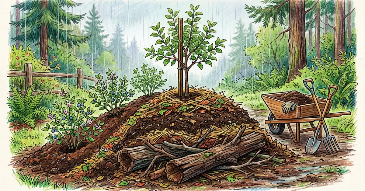 Pencil crayon illustration of a hugelkultur mound being built in a PNW backyard