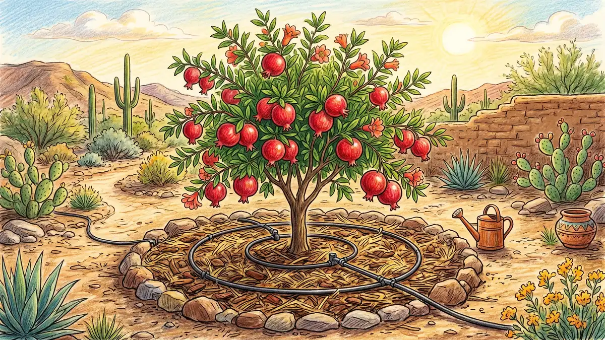 Pencil crayon illustration of a young pomegranate tree heavy with red fruit in a deeply mulched basin with drip irrigation tubing