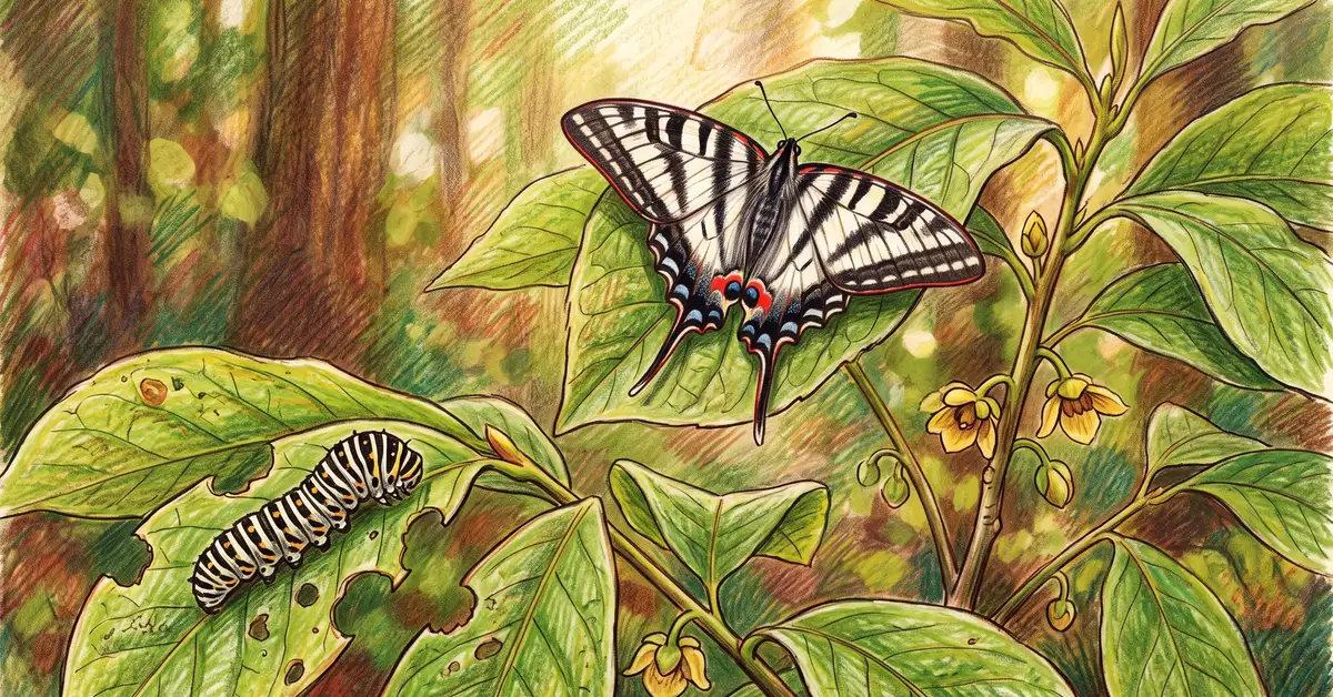 Pencil-crayon illustration of a zebra swallowtail butterfly on a pawpaw leaf with its caterpillar nearby on another leaf