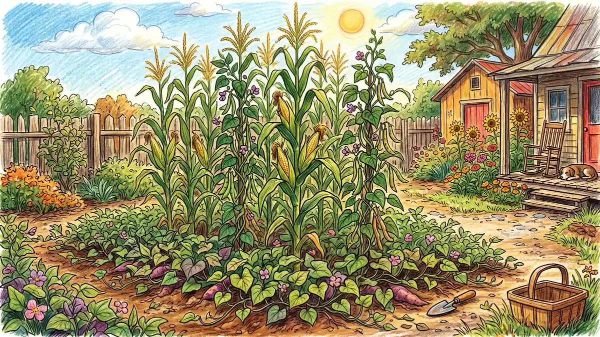 Pencil crayon illustration of an African Three Sisters style guild with sweet potato vines as ground cover, tall corn stalks, and cowpeas climbing the corn