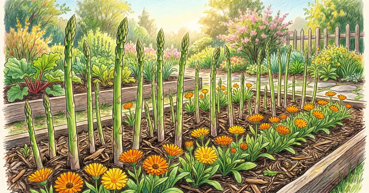 Pencil crayon illustration of asparagus spears emerging through calendula flowers