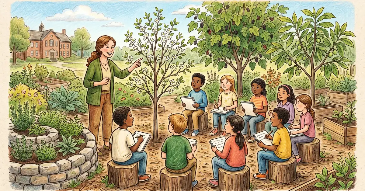 An outdoor classroom session with a teacher and elementary students seated on log stumps in a school food forest