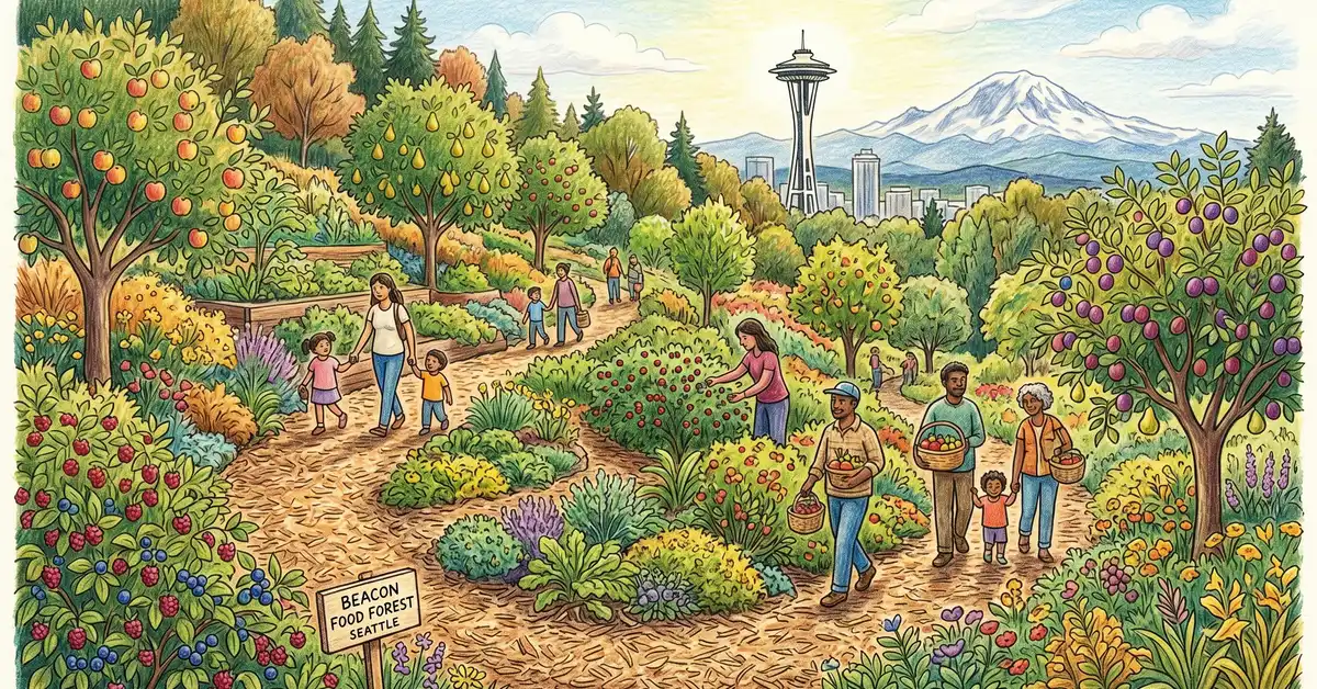 Beacon Food Forest in Seattle, a 7 acre publicly accessible food forest with fruit trees and people harvesting