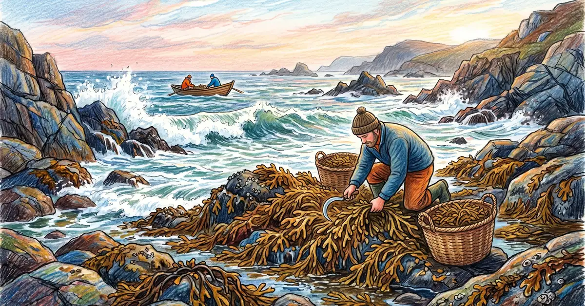 Pencil-crayon illustration of brown rockweed (Ascophyllum nodosum) being harvested along a rocky North Atlantic coastline with a small harvest boat in the distance