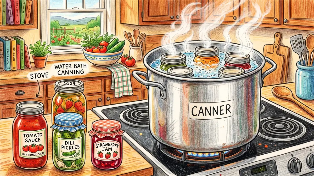 Pencil crayon illustration of canning jars filled with tomato sauce, pickles, and jam in a water bath canner on a kitchen stove