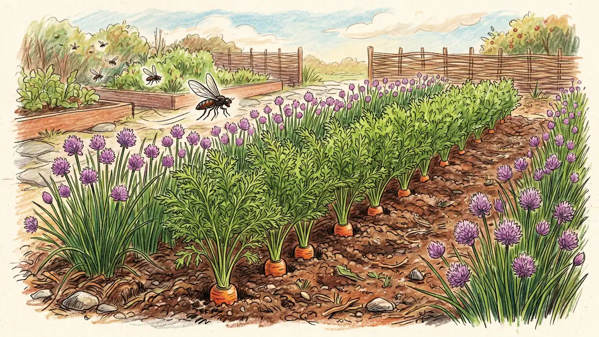Pencil crayon illustration of carrots growing in a row with a chive border deterring carrot rust fly