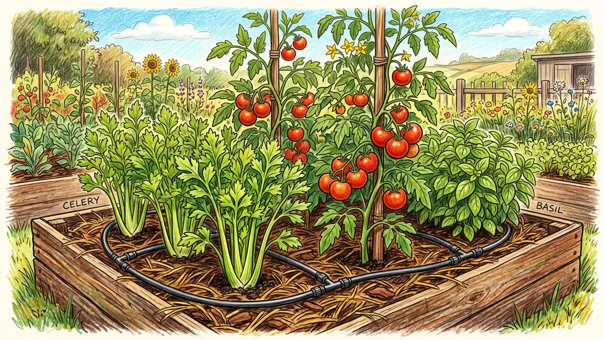 Celery growing in a raised bed alongside tomato plants and basil with deep mulch
