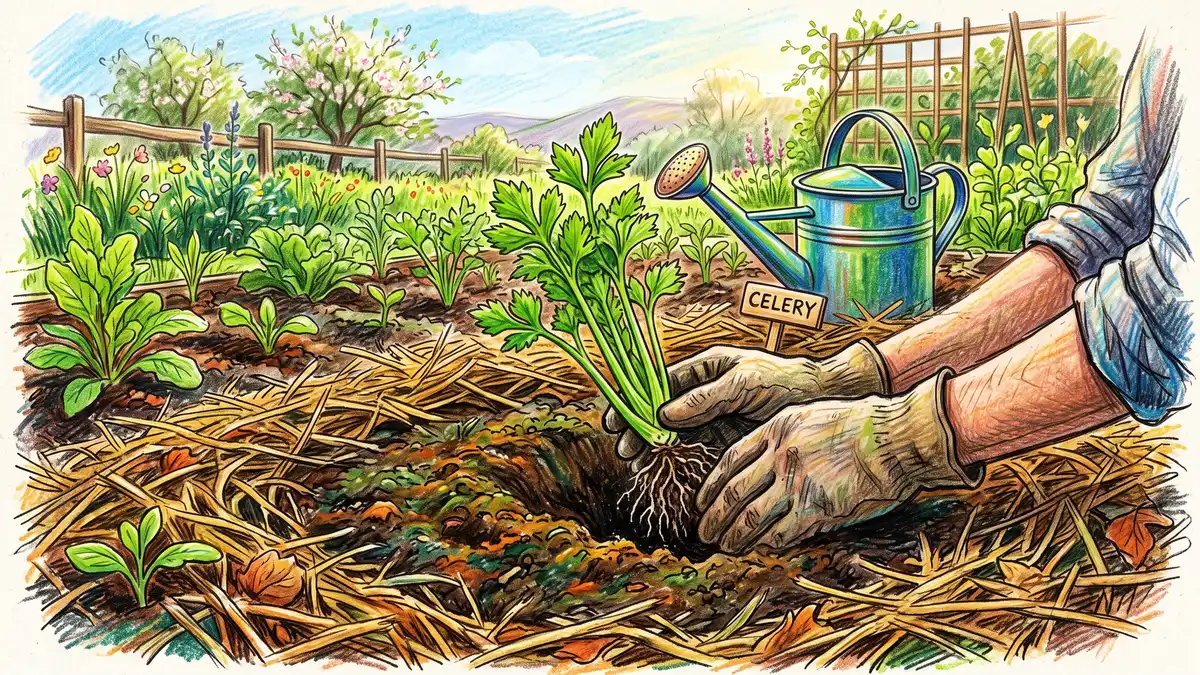 Celery seedlings being transplanted into a moist garden bed in spring