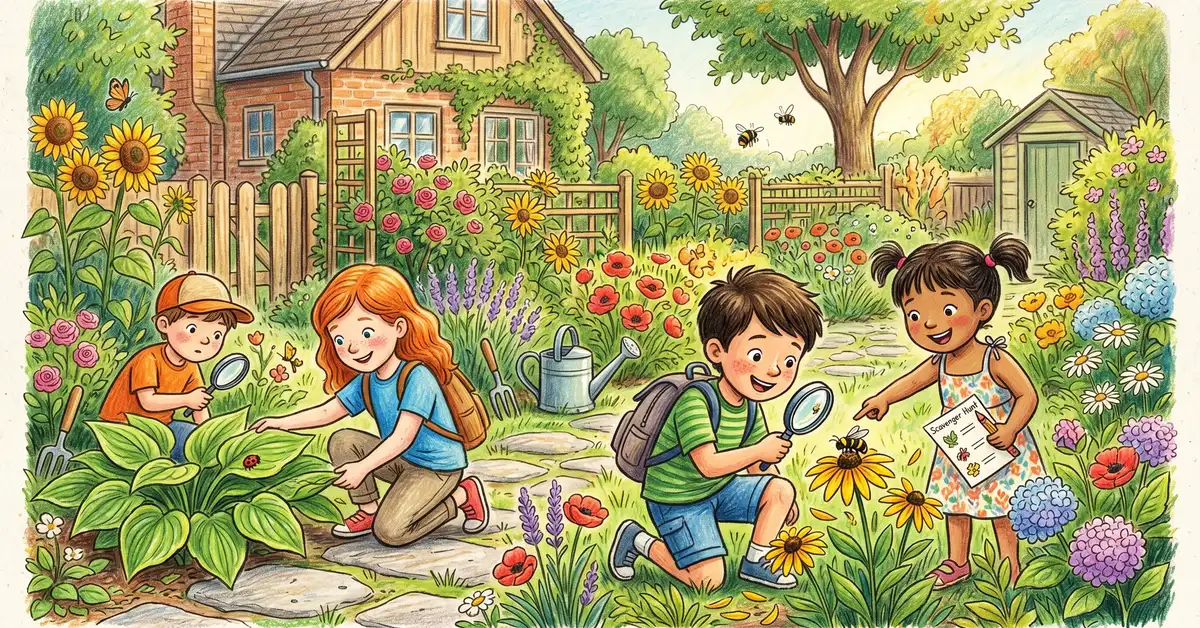Pencil-crayon illustration of children doing a nature scavenger hunt in a backyard garden looking under leaves with a magnifying glass