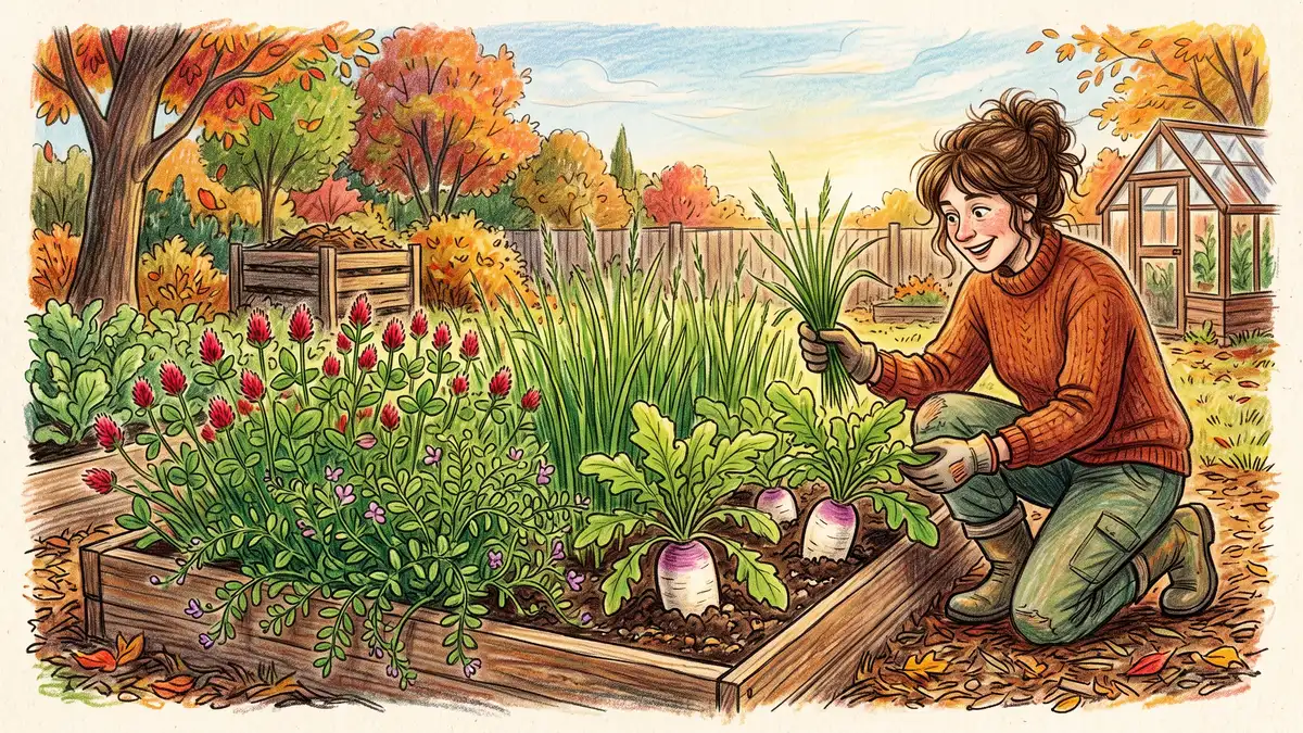 Cover crops in a backyard garden bed in autumn with crimson clover, winter rye, hairy vetch, and daikon radish