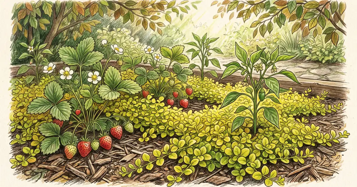 Creeping oregano forming a golden green ground cover around strawberry and pepper plants