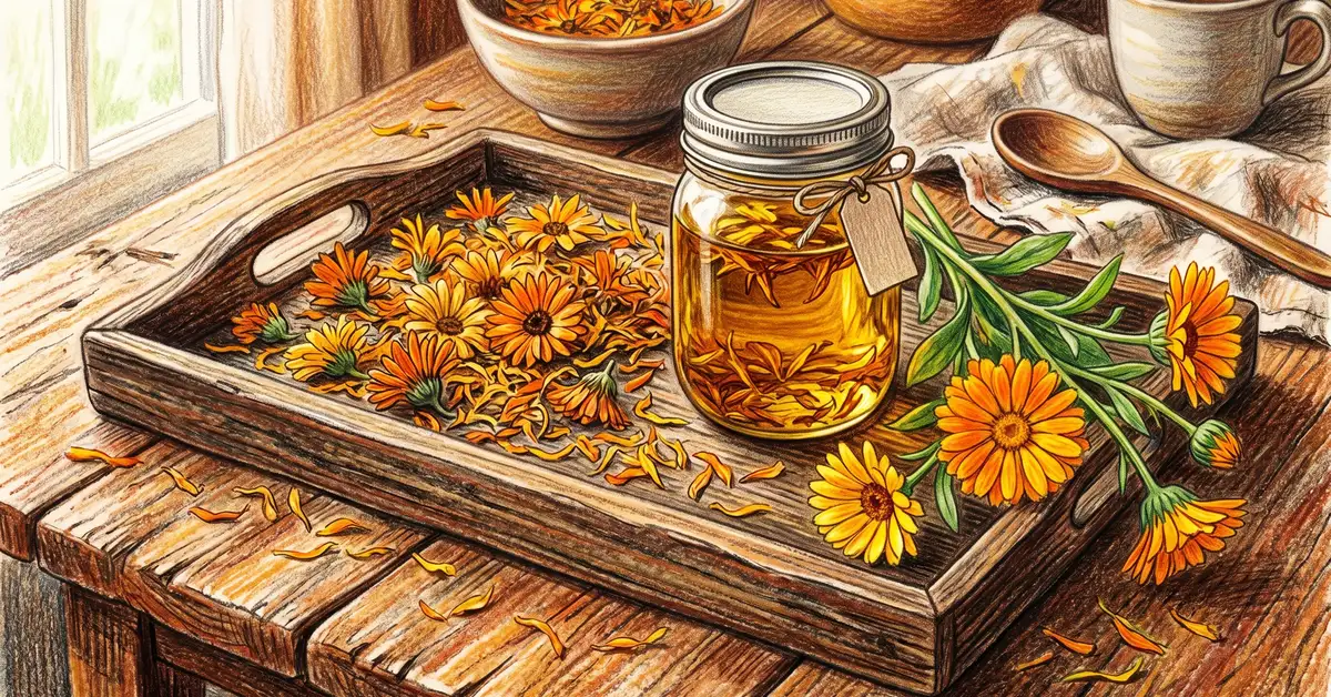 Pencil crayon illustration of dried calendula petals and a jar of infused oil on a farmhouse table
