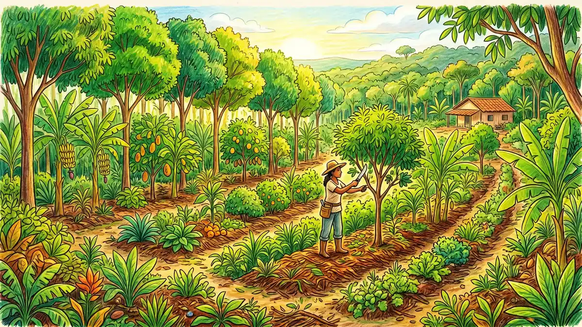 Pencil crayon illustration of an Ernst Gotsch style syntropic farm in tropical Brazil with dense food forest rows and a worker pruning trees