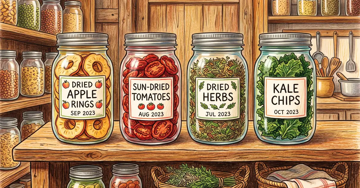 Finished dried apple rings, sun-dried tomatoes, dried herbs, and kale chips stored in labeled glass mason jars on a wooden pantry shelf