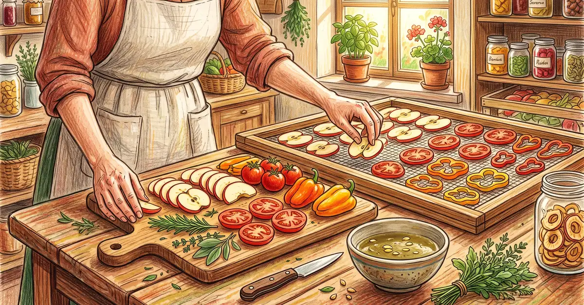 Hands arranging sliced apples, tomatoes, peppers, and herbs on a wooden cutting board with a bowl of lemon juice dip nearby
