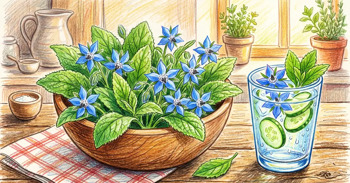 Pencil-crayon illustration of fresh borage leaves and bright blue star-shaped flowers in a wooden bowl with a glass of cucumber-style summer drink garnished with the flowers