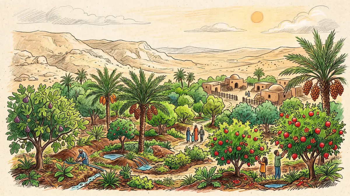 Pencil crayon illustration of Geoff Lawton style Greening the Desert transformation in Jordan with figs, dates, and pomegranates in the foreground and bare desert sand in the background