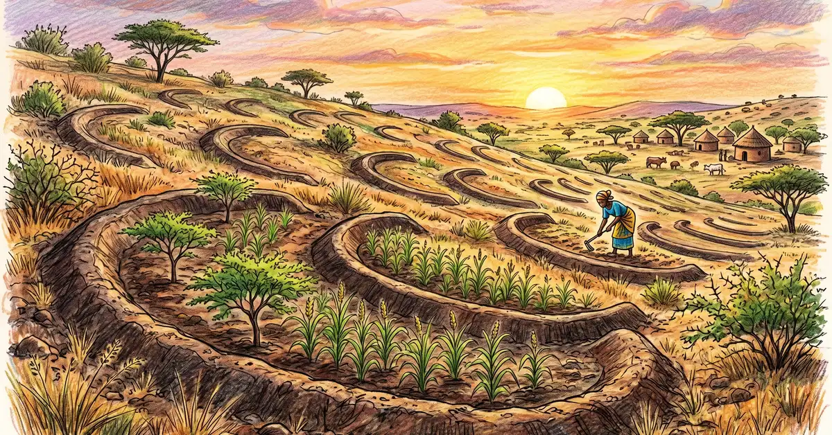 Pencil-crayon illustration of half-moon (demi-lune) crescent-shaped earthworks across a sloped Sahel landscape capturing rainwater runoff with young acacia and millet plants growing