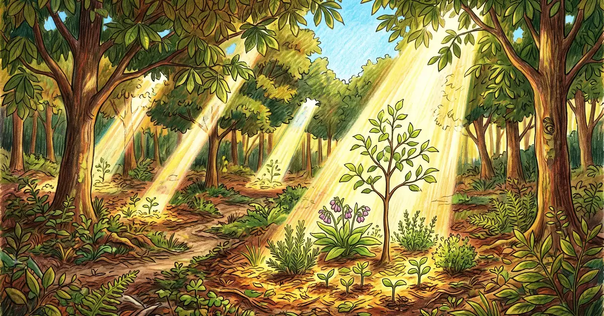 Pencil-crayon illustration of shafts of light penetrating a syntropic food forest canopy down to comfrey, herbs, and a young apple tree growing in the spotlight