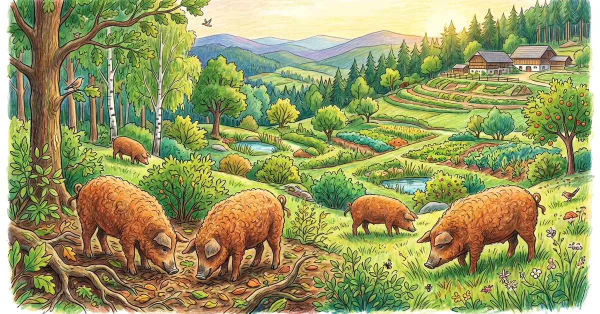 Pencil-crayon illustration of Mangalitsa pigs rooting and grazing in a wooded mountain pasture at the Krameterhof demonstrating Sepp Holzer livestock integration with the landscape
