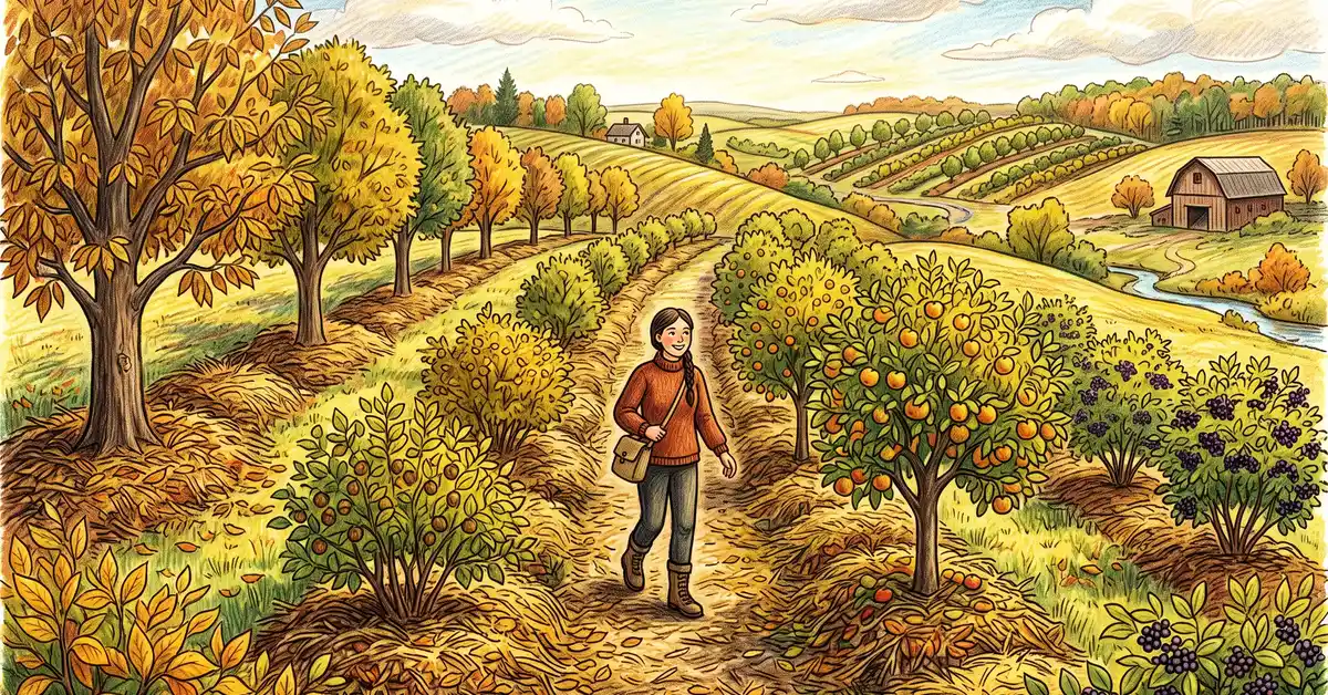 Pencil-crayon illustration of Mark Shepard's New Forest Farm style temperate syntropic system with rows of chestnut, apple, hazelnut, and elderberry on Wisconsin hills