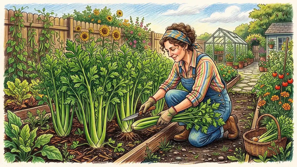 Mature celery stalks ready for harvest with a gardener cutting outer stalks