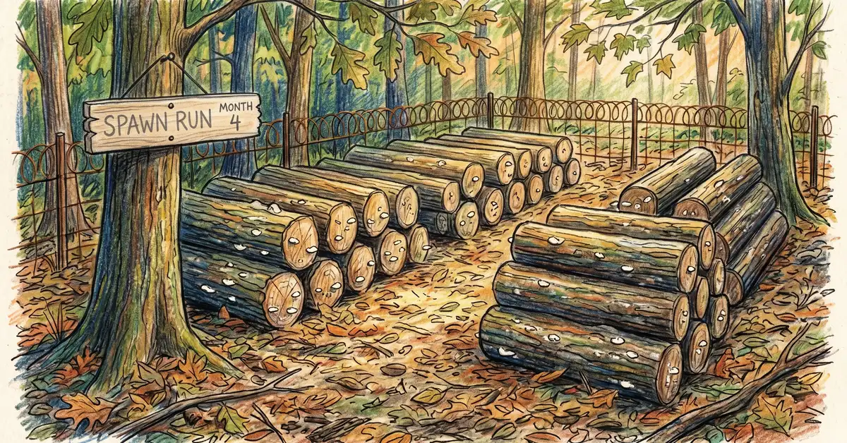 Pencil crayon illustration of mushroom logs stacked in a lean-to spawn run under shade