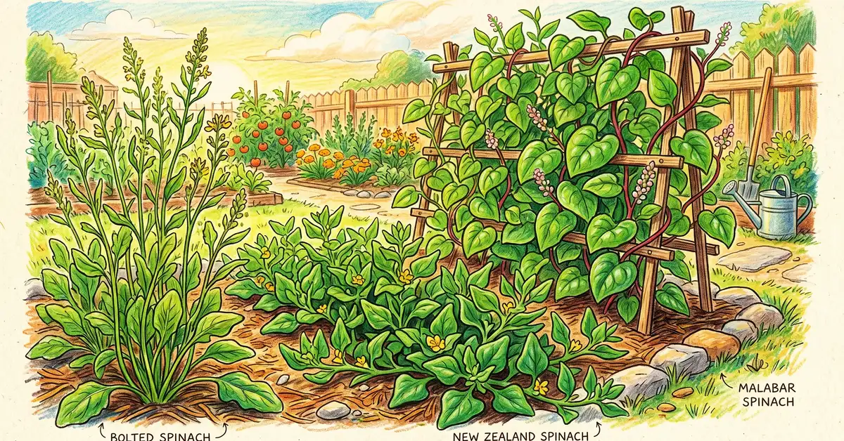 Pencil-crayon illustration of New Zealand spinach and Malabar spinach as summer alternatives growing in a backyard garden during hot weather with thick leaves and trellised Malabar vines