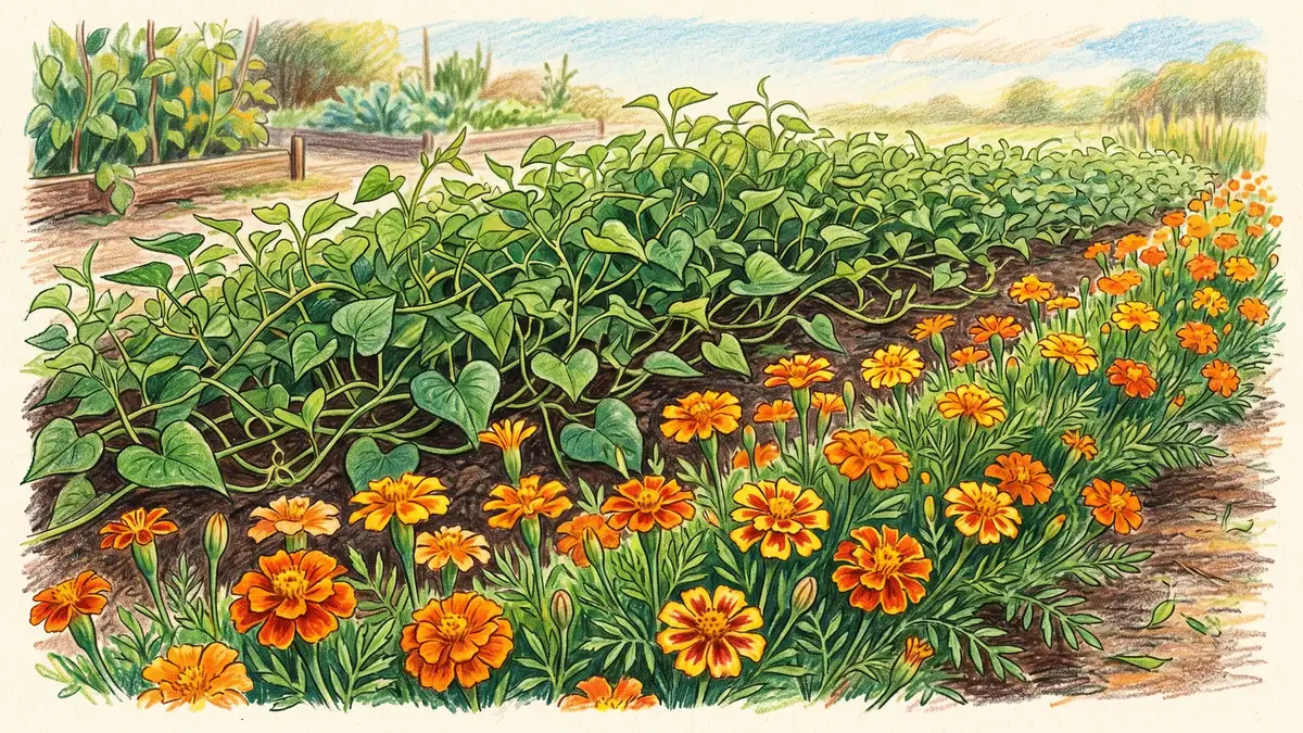 Pencil crayon illustration of orange French marigolds flowering at the edge of a sweet potato bed