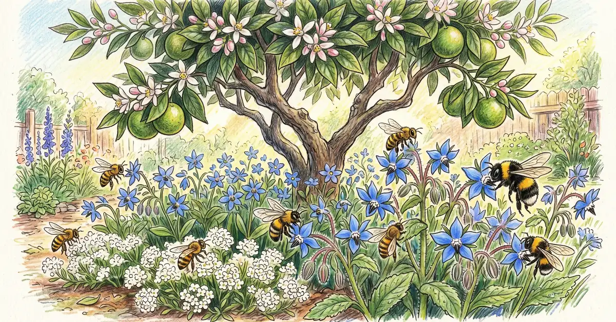 Pencil-crayon illustration of honeybees and bumblebees visiting blue borage flowers and white sweet alyssum beneath a flowering orange tree with citrus blossoms above