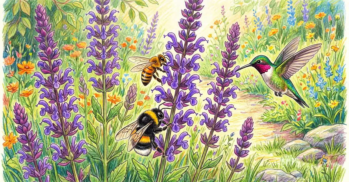 Pencil-crayon illustration of honeybees, bumblebees, and a hummingbird visiting tall purple sage flower spikes in summer bloom demonstrating pollinator value of flowering sage