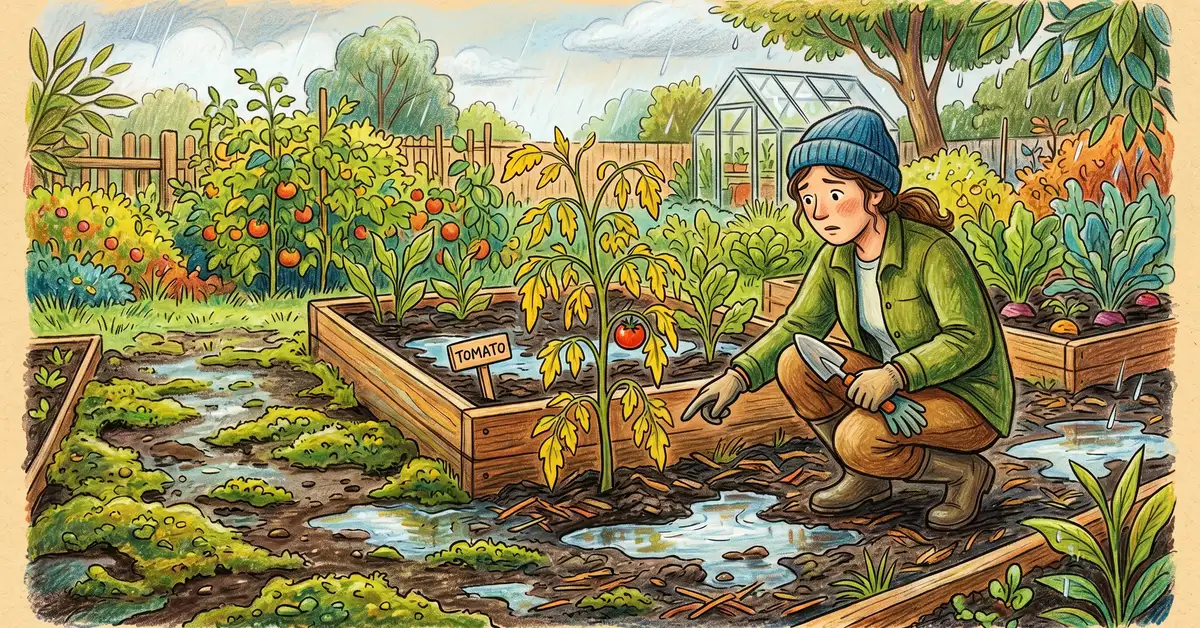Pencil-crayon illustration showing signs of poor garden drainage including yellow leaves on tomato plants, standing water puddles after rain, and moss growing on the soil surface
