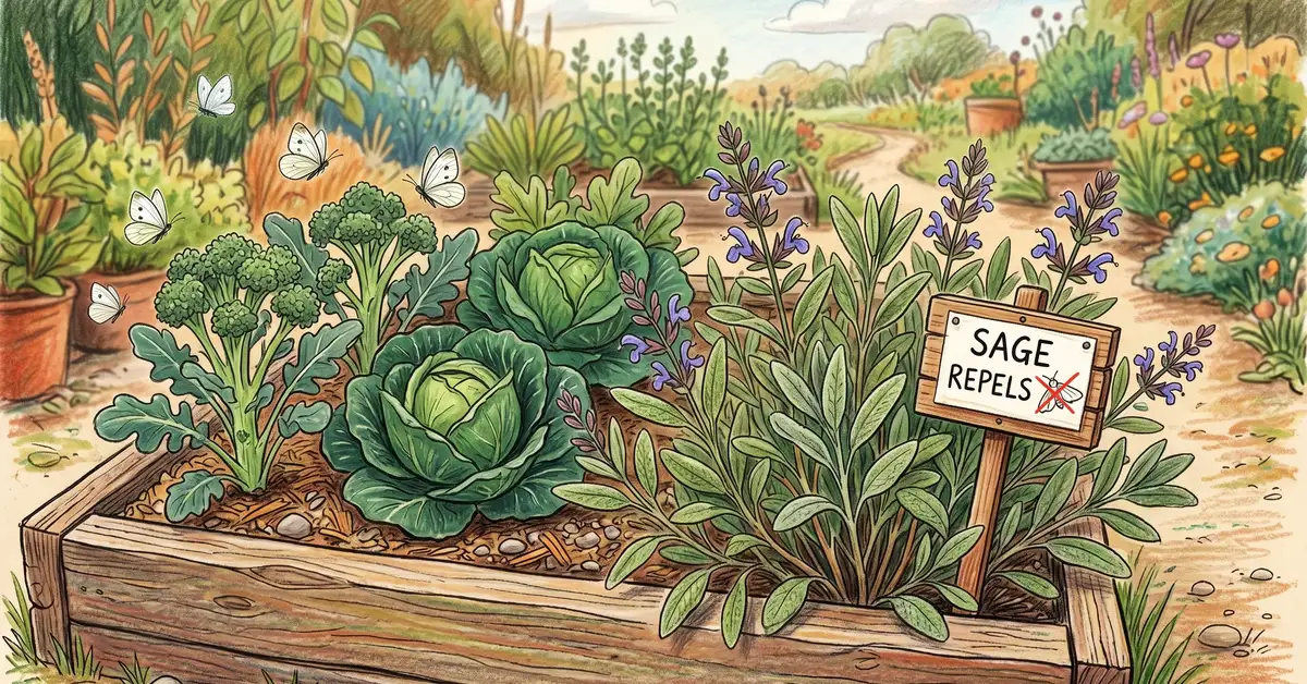 Pencil-crayon illustration of sage plants growing at the edge of a raised bed of cabbage and broccoli with white cabbage moths fluttering in the background and a label showing the sage repels them