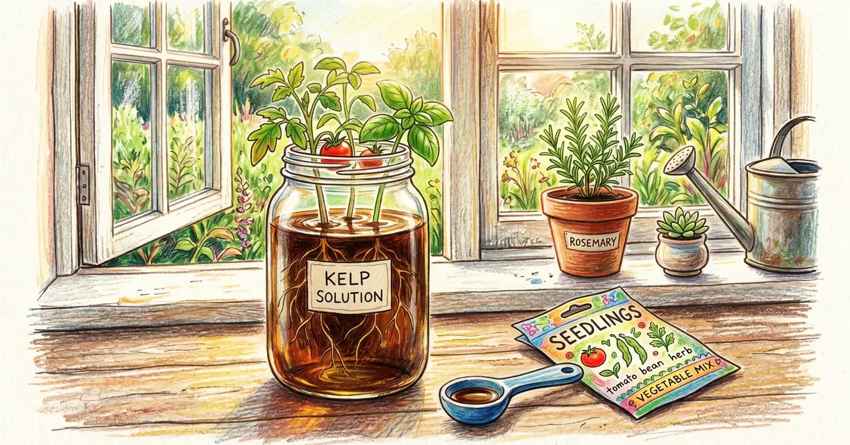 Pencil-crayon illustration of seedlings soaking in a jar of brown liquid kelp solution on a kitchen windowsill