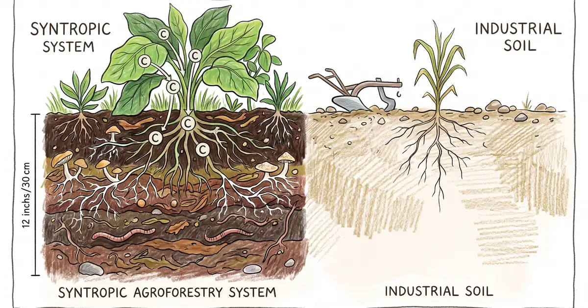Pencil-crayon illustration comparing rich syntropic soil cross-section with mycorrhizae and earthworms to thin pale industrial agriculture soil