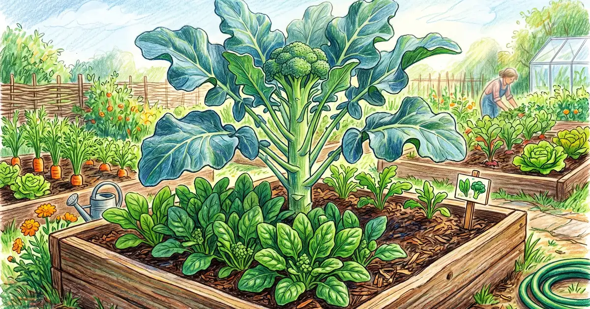 Pencil-crayon illustration of spinach plants growing under the partial shade of a tall broccoli or cauliflower brassica plant in a raised bed