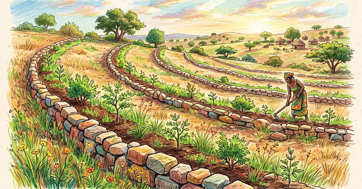 Pencil-crayon illustration of stone bunds (cordons pierreux) laid across a gentle Sahel slope to slow rainwater and trap sediment with grasses and tree seedlings regenerating