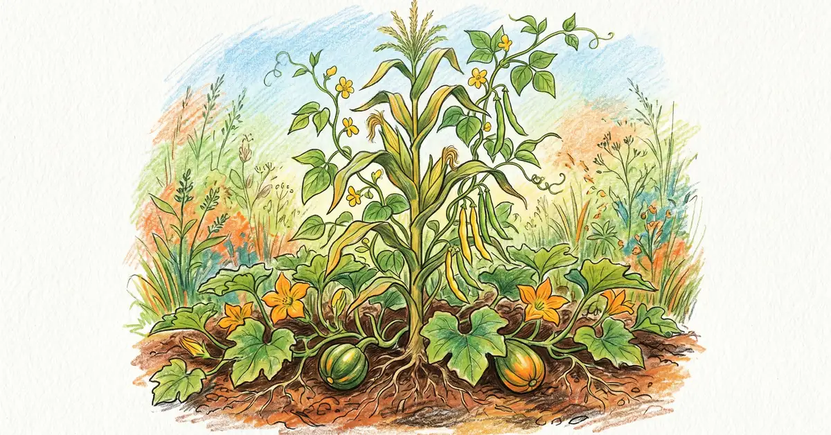 Pencil-crayon illustration of the Three Sisters intercrop with corn stalk, bean vines climbing it, and squash leaves spreading at the base, demonstrating the classic indigenous North American polyculture