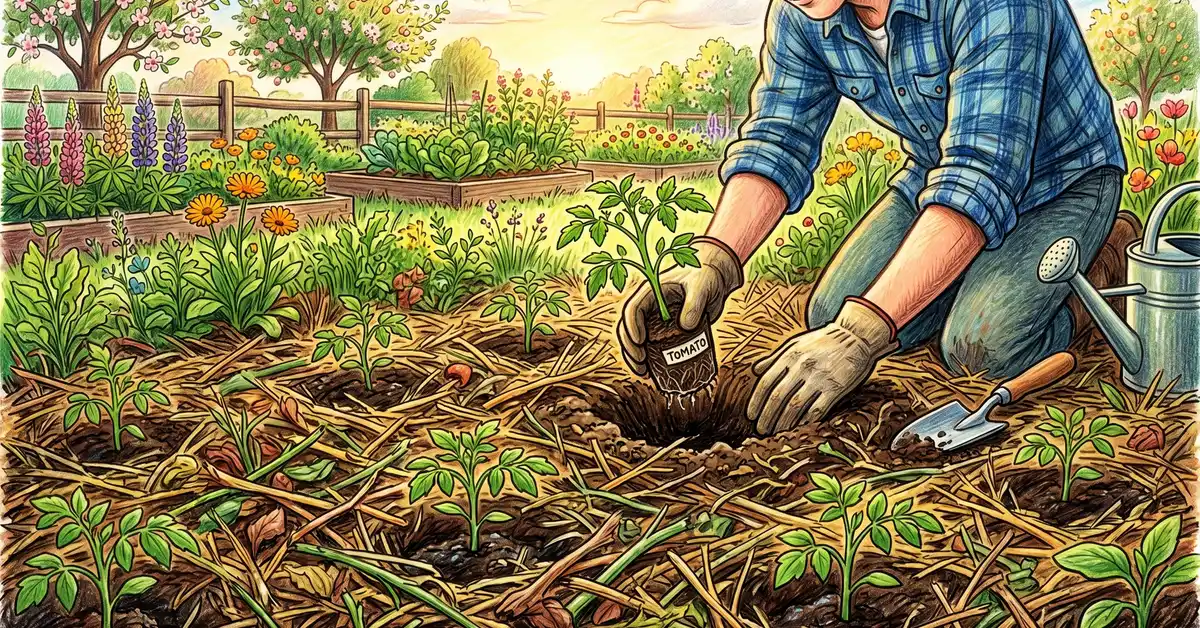 Pencil-crayon illustration of tomato seedlings being transplanted directly through a thick layer of chopped cover crop residue acting as no-till mulch