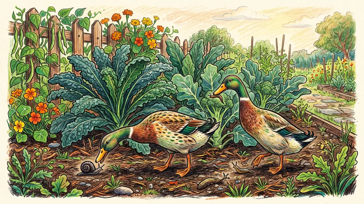 Pencil crayon illustration of two Indian Runner ducks foraging in a vegetable garden bed eating slugs and snails with kale and broccoli behind