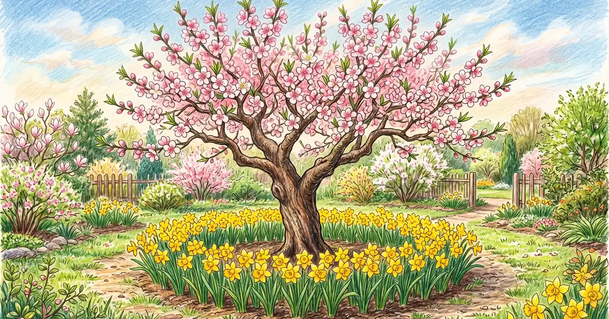 Pencil crayon illustration of yellow daffodils blooming in a ring around the trunk of a flowering peach tree in early spring