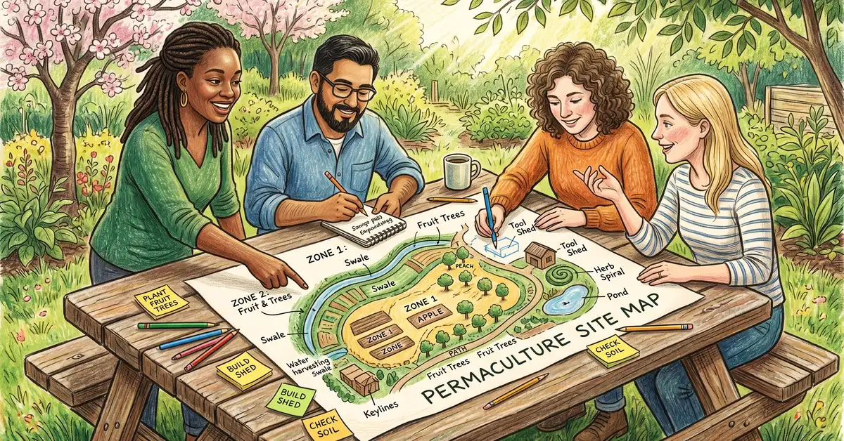 Diverse group of volunteers planning a permaculture community garden around a hand-drawn site map