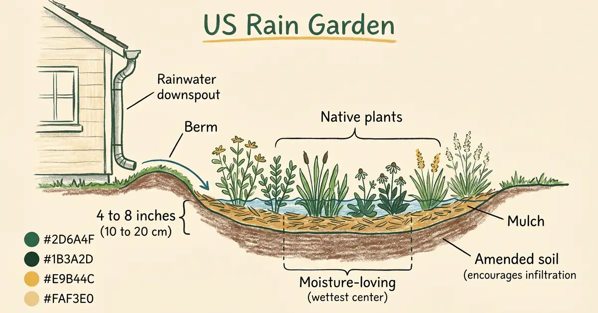 Cross-section diagram of a US rain garden showing downspout, berm, basin, amended soil and zoned native plants